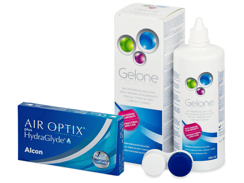 Air Optix plus HydraGlyde (6 лещи) + разтвор Gelone 360 ml - Пакет на оферта