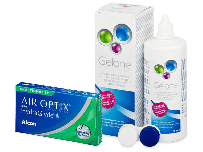 Air Optix plus HydraGlyde for Astigmatism (6 лещи) + разтвор Gelone 360 ml - Пакет на оферта