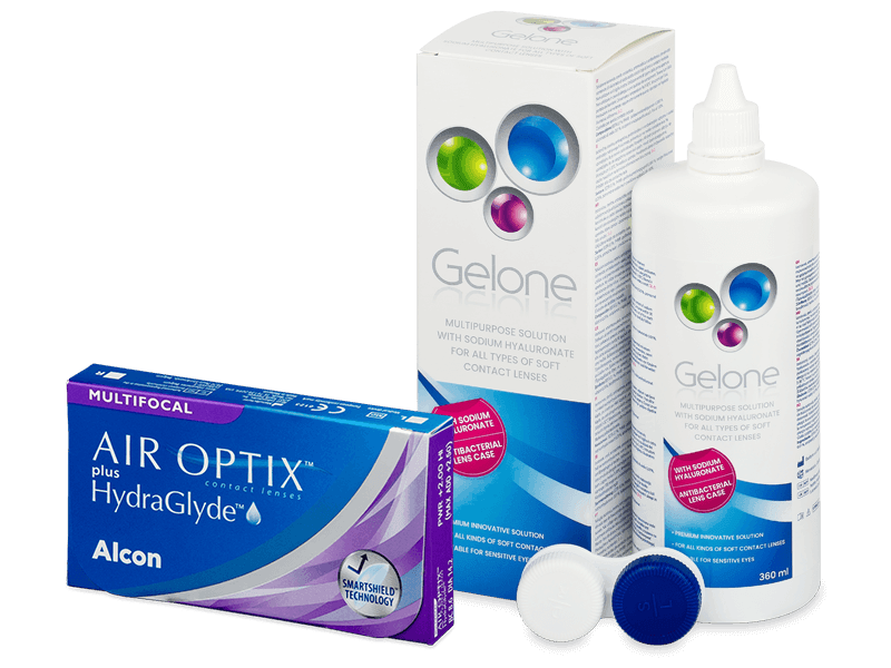 Air Optix plus HydraGlyde Multifocal (3 лещи) + разтвор Gelone 360 ml - Пакет на оферта