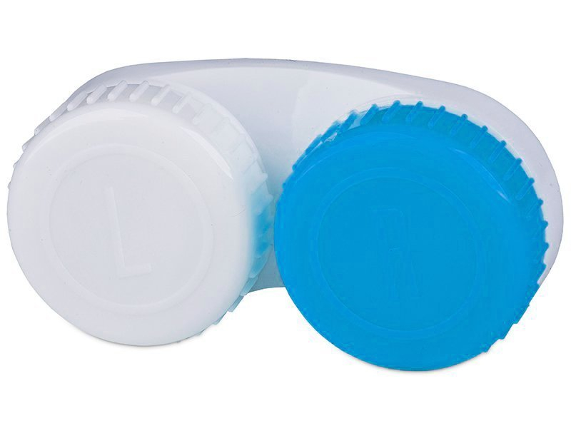 Синьо-бял контейнер за контактни лещи с маркировка L+R 