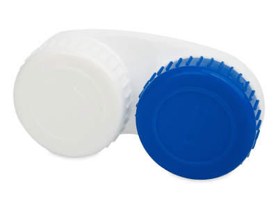 Синьо-бял контейнер за контактни лещи с маркировка L+R 