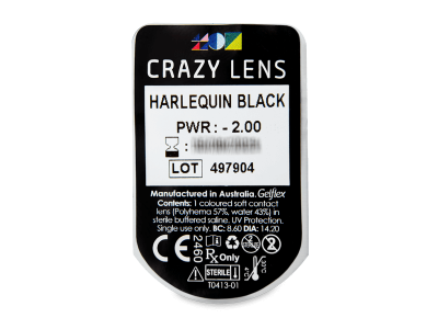 CRAZY LENS - Harlequin Black - дневни с диоптър (2 лещи) - Преглед на блистер