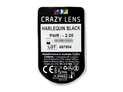 CRAZY LENS - Harlequin Black - дневни с диоптър (2 лещи) - Преглед на блистер